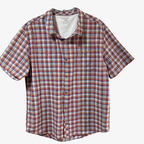Horny Toad Plaid Short Sleeve Shirt Mens XXL Cream Blue Red 100% Organic Cotton - Picture 1 of 8